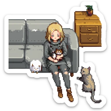 Remix using this girl as the character, petting a gray and blonde mixed cat in pixel art style. The girl is standing and the cat is rubbing against her leg. sticker