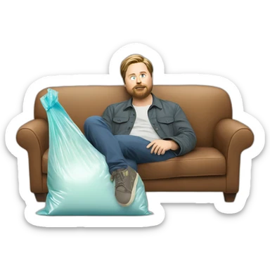 tim heidecker with a beard lazy lounging on couch holding a plastic ziploc bag of walnuts sticker
