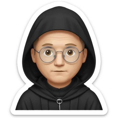 Monk priest prayer black habit with hood round black glasses done light brown wavy hair under hood remove the medallion smaller more round glassed age 46 remove necklace thinner or more oval face  sticker