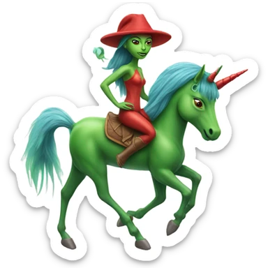 a green amazon alien woman, on a four-legged red unicorn sticker