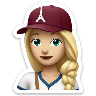 Blonde girl with Eiffel Tower in burgundy baseball hat sticker