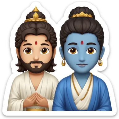 Create a Jesus - long wavy dark-brown hair, short beard, wearing a simple white robe., Krishna- blue skin with dark curled hair , and Buddha standing together. Buddha: warm golden or light tan skin, dark curled hair with a traditional top bun (ushnisha)

 sticker