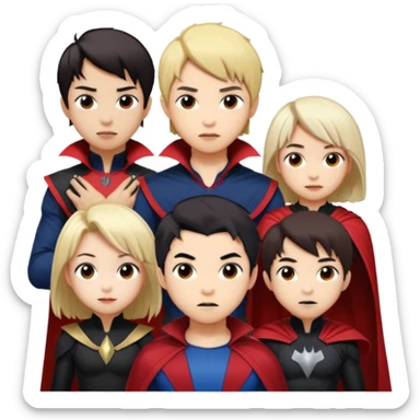 Solo poly platonic relationship, one is south African girl, one is Asian boy, one is biracial features Asian tomboy girl with anime short hair with long hair, vampire and marvel cosplay elements inspired. Could we can less human skin seems so it does not seem racist or something, use marvel colours  sticker