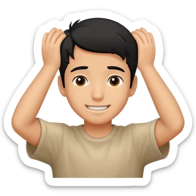 embarrassed smiling boy with hand behind head and black hair sticker