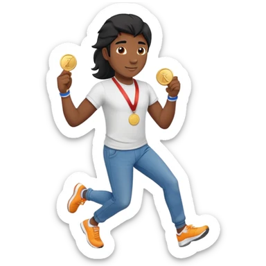 friendly anthropomorphised black stallion in jeans and a t-shirt, jogging upright in relaxed pose, holding a medal sticker