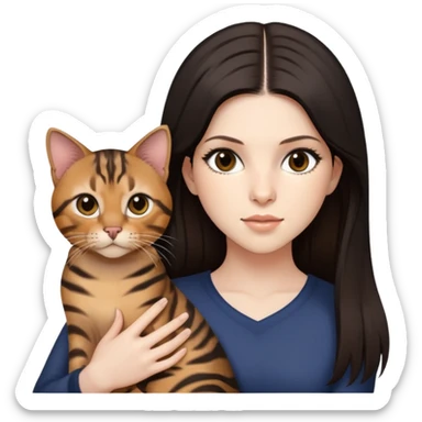 anna kendrick with black strait hair and brown eyes with bengal cat on her hand sticker