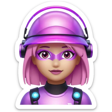 “Futuristic Roblox girl emoji, 2050 style. Pink-purple holo visor, light-strand hair, digital eyes sparkle, metallic pastel glow, neon aura background.” sticker