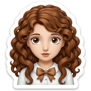 white girl with long brown curly hair and brown eyes and bow in hair sticker