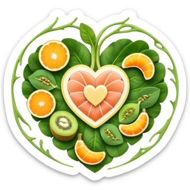 Banana, spinach leaves, salmon, kiwi, pistachios, and orange juice floating in a circle around a glowing heart that pulses with steady rhythm. Waves of electrical energy connect the foods to the heart, muscles, and nerve pathways, showing how potassium regulates fluid balance and electrical signals. sticker