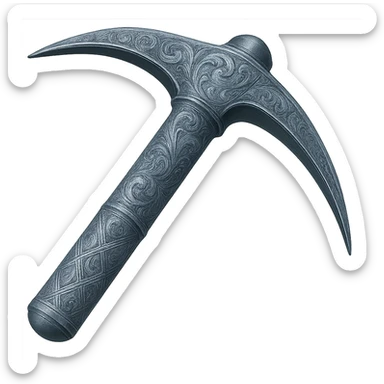 Recolor this weapon to match the blueish-gray steel color and ornate engravings of the reference helmet. Emphasize the cool metallic finish and detailed engravings, matching the helmet exactly. Transparent background. The style should reflect a cool metallic look with detailed engravings as seen in the helmet reference. sticker