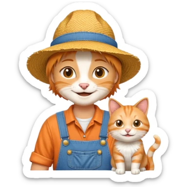 farmer cat gardener in denim overalls with a straw hat sticker