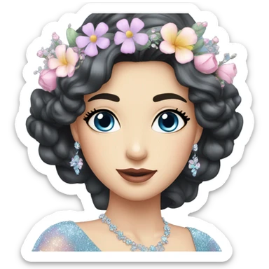 Gorgeous pastel Lady with dark hair blue eyes in a sparkly shiny dress with tiara and necklace and flowers behind her and trending  sticker