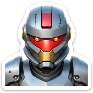 futuristic war robot portrait, head and shoulders only, aggressive design, sharp armor edges, glowing red eyes, battle-damaged helmet faceplate, heavy armor collar, intense dramatic lighting, sci-fi metal textures, 3D cartoon, mobile game icon style, clean background, no text, no watermark
 sticker