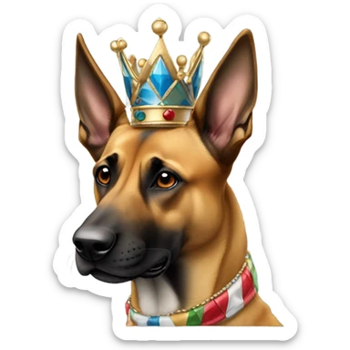 A malinois harlequin color, with a crown on his head sticker
