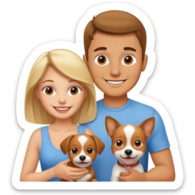 Una mujer blanca y un hombre moreno con un perrito sticker