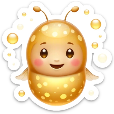 Cinematic tiny glowing firefly, round and chubby, soft golden light, tiny happy face, gentle floating motion, surrounded by dreamy sparkling dots. sticker