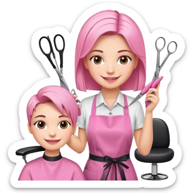smiling woman client in pink apron sitting in salon chair, female hairstylist smiling behind with scissors sticker