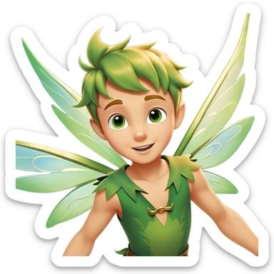 cinematic-realistic-peter-pan-portrait, head tilted dramatically with an exaggeratedly amused expression and sparkling eyes brimming with playful mischief, his iconic outfit rendered in vivid detail with dynamic shadows, soaring through the air. Flying right Next to him is a glowing Tinker Bell, whose delicate wings leave a trail of shimmering pixie dust across a whimsical sky. sticker