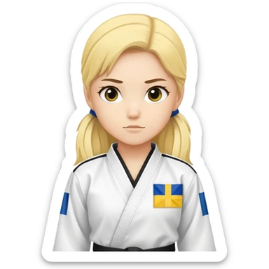Make an emoji of a girl in taekwondo uniform with two yellow strips in her black belt and on her left chest a finnish flag.  sticker