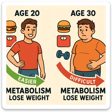 educational illustration comparing metabolism at 20 and 30 years old with arrows showing difficulty losing weight after 30, icons of food, scale, and training, illustrative style, 4K sticker