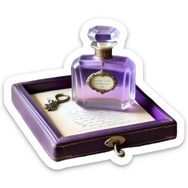 An ornate glass perfume bottle, filled with a delicate violet-hued elixir, rests on a lace-covered vanity tray, surrounded by pressed pansies in shades of lavender, plum, and amethyst, their petals softly curling with time. A worn leather-bound poetry book, its pages kissed with faded lilac ink, lies open beside it, exuding whispers of forgotten verses and fleeting romance sticker