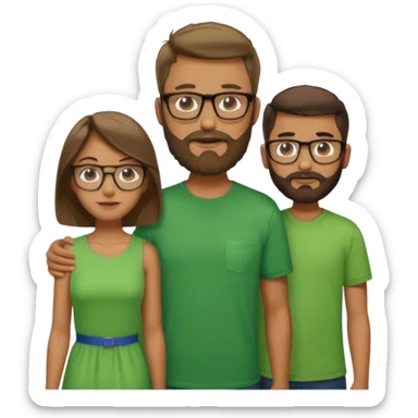 A family consisting of a man who's bearded, tanned, wearing glasses, a woman, slightly tanned, and a 14 year old teenage boy, slightly tanned, wearing a green t-shirt sticker