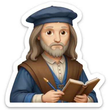 Leonardo da Vinci as an emoji, thoughtful expression, sketchbook in hand, classic clothing sticker