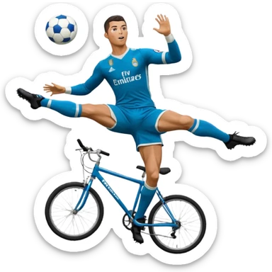 Ronaldo doing a bicycle kick with football in mid air While wearing a Retro blue Real madrid kit and yes i want it to be exactly the same as he Scored it in 2018 vs Juventus  sticker