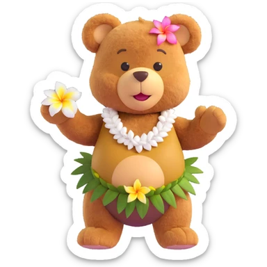 brown teddy bear in a coconut bra and plumeria lei, doing the hula dance sticker