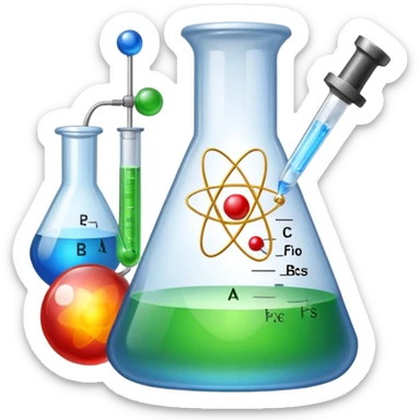 An icon featuring an atom, a laboratory flask, and a physics formula, symbolizing the study of physics. The design includes a magnet, a pendulum, and light waves, representing forces, energy, and scientific discovery. Transparent background highlights the exploration of physical laws and phenomena. sticker