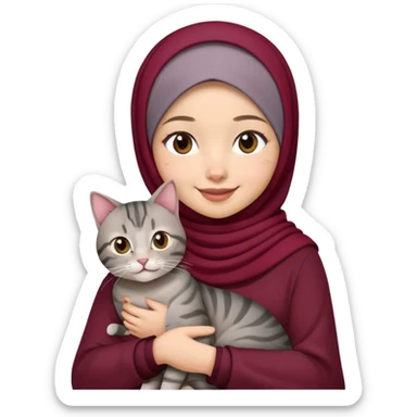 Asian white girl wearing maroon hijab holding a black grey tabby cat with smiling sticker