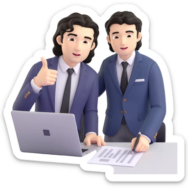 Business strategist with black wavy hair, stubble, chiseled face, wearing blazer and button-up shirt, mentoring a younger professional, leaning forward with engaged expression, pointing at document or laptop, in a one-on-one coaching session sticker