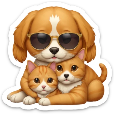 Cat with sunglasses cuddling a dog sticker