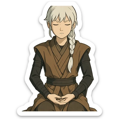  a closeup portrait of young woman with gold yellow eyes, white hair, long braid, black off-shoulder top, punk gothic style, futuristic cyberwave cyberpunk,  jedi attire, kneeling and gathering chi, jedi meditate, eyes closed hands at full rest. original republic jedi robes padawan sticker