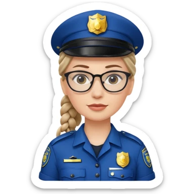 white woman, braided hair, wear police's uniform and glasses sticker