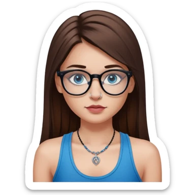 White girl with long straight brown hair and blue eyes wearing plastic frame glasses that go from black to clear ombré from top to bottom. Stud nose piercing on right side of nose and a septum piercing. Wearing black tank top. Rose tattoo on right arm. sticker