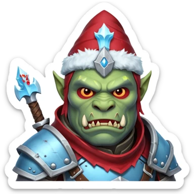 
Fantasy Christmas orc legion soldier icon, iron tundra army theme, heavy winter armor, disciplined brutal look, icy blue steel armor with deep crimson accents, frozen metal texture, cold winter atmosphere, clean readable emoji style
 sticker