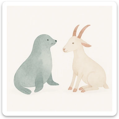 a seal and a goat sitting together, watercolor illustration sticker
