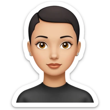 Lady with black buzz cut hair and dimple on the right dide face sticker