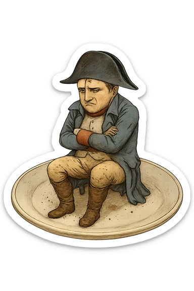 Сгенерируй мне такую же тарелку, только чтобы на ней сидел наполеон бонапарт, грустный, в чуть чуть рваной одежде. ТОРТ УБЕРИ ПОЛНОСТЬЮ. На прозрачной фоне. Наполеон должен быть цветной sticker