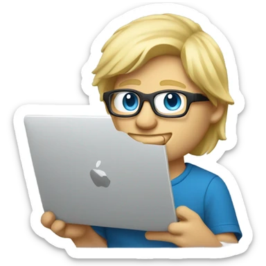 male, PCB designer behind macbook, blond, blue eyes with classes sticker