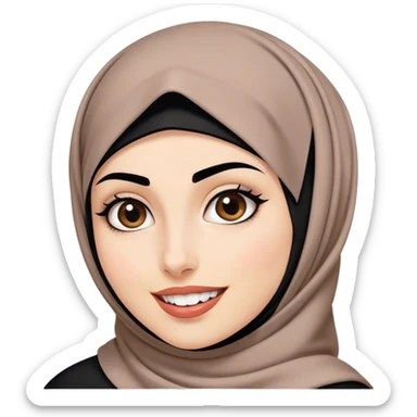 Women with perfect black eyebrows, pretty brown eyes, fair skin, black hijab, and buck teeth sticker