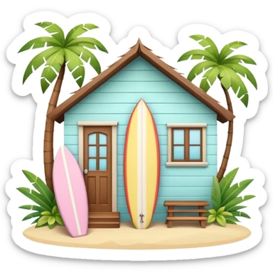 Hawaiian bungalow house, pastel colors, wooden porch, surfboard leaning on wall, palm leaves, tropical vibe, cute mobile game icon style, 3D cartoon, clean background, no text
 sticker