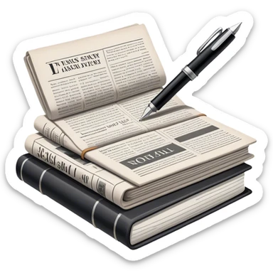 Create an emoji representing journalism and publicistic writing. The design should feature a stack of newspapers, an open notebook with visible text, and a single fountain pen placed near the notebook, symbolizing the act of writing. Use neutral, professional colors like black, white, and muted tones to convey a sense of seriousness and intellect. Do not include any emojis or smiley faces. Make the background transparent. sticker