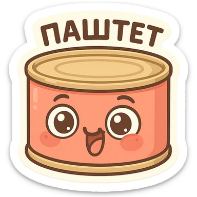 Funny pâté can character, smiling face with big eyes, goofy expression, cartoon style, chubby cute proportions, bright colors, playful illustration, meme-like vibe, text on top "ПАСТЕТ" in Cyrillic, bold and readable sticker