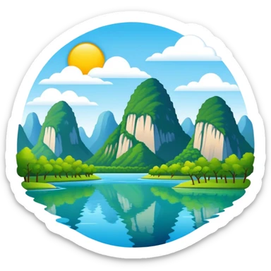 Li River karst mountains Guilin, simplified emoji style with bold outlines and bright colors, cartoon style mountains with river sticker