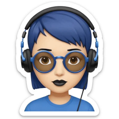 Light Brown Skin Dark Blue Haired Gray Eyes Circle Shaped Shades Black Colored Squareded Ears Headphones Short Haired Black Lips Blue Shirt  sticker