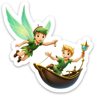 An icon representing an adventure game, inspired by whimsical fantasy. The design features Peter Pan soaring through the sky with Tinker Bell beside him, leaving a shimmering trail of pixie dust. Below, Neverland’s lush jungles and pirate ships create a backdrop of magic, adventure, and endless youth. Transparent background. sticker