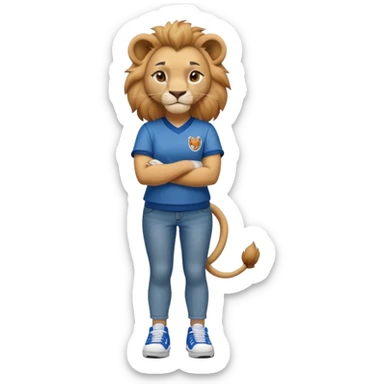 friendly anthropomorphised female lion wearing a baseball shirt, jeans, trainers, standing upright with arms folded, looking strong and confident sticker