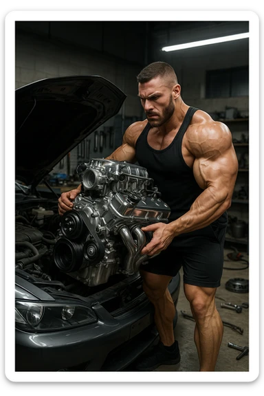 a muscular bodybuilder in gym attire stands next to a car with the hood open, lifting a large, shiny, high-performance engine with ease. His expression is focused and determined as he installs the new engine. The background is a modern garage, with tools and car parts scattered around, emphasizing strength and mechanical skill. sticker